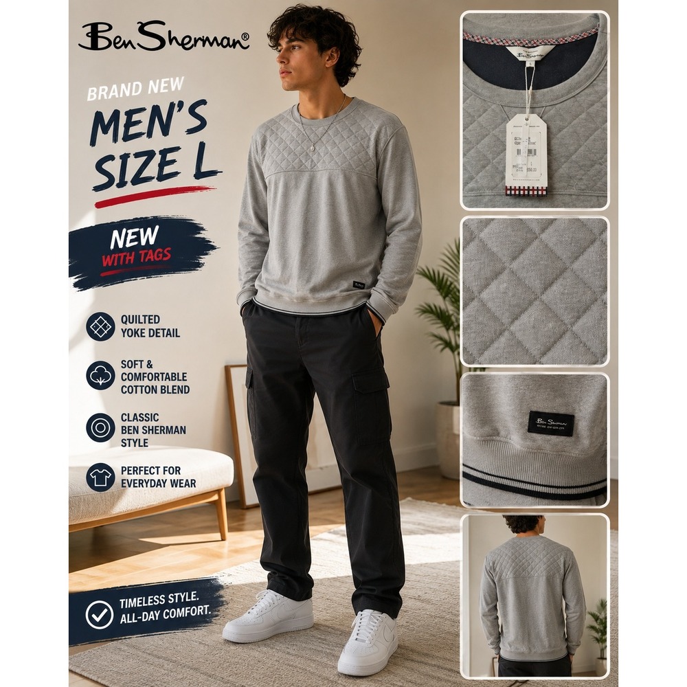 Ben Sherman Mens Quilted Yoke Sweatshirt Grey Heather Crew Neck Size L NEW